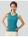 Close-up of a teal quick-dry yoga tank top with a supportive built-in chest pad. - S / Tops / Lake Blue
