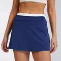 Navy blue high-waisted color block ribbed tennis skirt with white waistband - S / Bottoms / Navy Blue