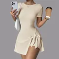Casual beige slim fit yoga bodysuit dress with side bow detail for outdoor tennis sports - S / Top And Bottom / Off White