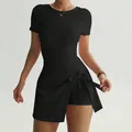 Women's black short-sleeve athletic yoga skort bodysuit with side tie wrap skirt - S / Top And Bottom / Black