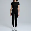 Completo yoga nero chic a maniche corte con leggings sportivi a vita alta per donna - Taglia S / Top E Pantaloni / Nero