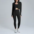 Three-piece black naked feel breathable yoga set with leggings and cropped jacket - S / Top And Bottom / Jacket + Bra + Long Pants / Black