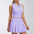 Lavender purple two-piece yoga sports set with zip-up top and pleated tennis skirt - S / Top And Bottom / Hibiscus Purple