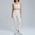 Cream yoga set with high-waisted leggings and matching sports bra for gym workout - S / Top And Bottom / Sports Bra + Leggings / Light Ivory
