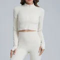Women's cream white breathable yoga set with zip-up jacket and high waist leggings - S / Tops / Outerwear / Light Ivory