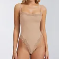 Sexy beige lace trim bodysuit with adjustable thin spaghetti straps and nude skin feel - XS / Top And Bottom / Triangle Style / Nude