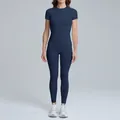 Women's navy blue quick-dry yoga fitness set with short-sleeve top and leggings - S / Top And Bottom / Short Sleeve + Leggings / Navy Blue