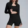 Three-piece black yoga set featuring crop jacket, sports bra, and high-waist shorts - S / Top And Bottom / Jacket + Bra + Shorts / Black