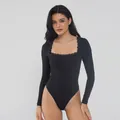 Sexy black long sleeve bodysuit shaper with square neckline and delicate lace trim detail - S / Tops / Black