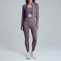 Premium mauve naked-feel yoga set with high-waist leggings and cropped zip jacket - S / Top And Bottom / Jacket + Bra + Long Pants / Amethyst