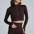 Brown breathable yoga set with zip-up long sleeve crop top and leggings - S / Tops / Outerwear / Distilled Coffee