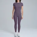 Slim fit purple short-sleeved yoga top and matching leggings sports set for women - S / Top And Bottom / Short Sleeve + Leggings / Amethyst