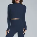 Women's navy blue yoga set with long sleeve zip jacket and high waisted pants - S / Tops / Outerwear / Navy Blue