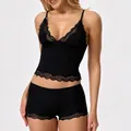Sexy black lace lingerie set featuring camisole top and matching floral hem shorts - S / Top And Bottom / Two-Piece Set / Black