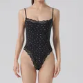 Sexy black floral bodysuit with delicate lace trim and adjustable straps for women - XS / Top And Bottom / Triangle Style / Small Black Floral