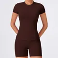 Women's slim fit quick-dry yoga short sleeve top and matching shorts in chocolate brown - S / Tops / T-Shirts / Distilled Coffee
