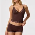 Elegant two-piece brown sexy lace camisole and matching boy-short panties set for women - S / Top And Bottom / Two-Piece Set / Coffee