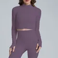 Two-piece dusty purple yoga set with cropped zip jacket and high waist leggings - S / Tops / Outerwear / Amethyst