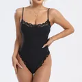 Sexy black lace-trimmed bodysuit with adjustable spaghetti straps and high-cut leg design - XS / Top And Bottom / Triangle Style / Black