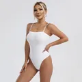 Sleek white tummy control bodysuit featuring adjustable spaghetti straps and high-cut leg - XS / Tops / White