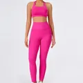 Two-piece hot pink yoga set with halter sports bra and high-waisted leggings for fitness - S / Top And Bottom / Sports Bra + Leggings / Roselle Red