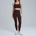 Women's two-piece chocolate brown yoga set with sports bra and high-waisted leggings - S / Top And Bottom / Sports Bra + Leggings / Distilled Coffee