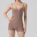 Sexy slim fit brown lace trim bodysuit with adjustable spaghetti straps for women - S / Top And Bottom / Flat Corner Style / Khaki