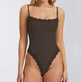 Sexy chocolate brown lace-trimmed camisole bodysuit featuring adjustable straps - XS / Top And Bottom / Triangle Style / Red Brown