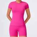 Women's quick-dry short-sleeved fitness yoga top in a vibrant hot pink athletic style - S / Tops / Roselle Red