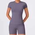 Women's quick-dry purple yoga set with short-sleeve top and high-waist fitness shorts - S / Tops / Amethyst