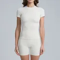 Women's cream white quick-dry short sleeve yoga top and matching tight shorts set - S / Top And Bottom / Short Sleeve + Shorts / Light Ivory