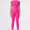 Women's hot pink two-piece yoga set with short sleeve top and high waist leggings - S / Top And Bottom / Short Sleeve + Leggings / Roselle Red