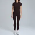Dark brown women's athletic short sleeve yoga top and matching leggings workout set - S / Top And Bottom / Short Sleeve + Leggings / Distilled Coffee