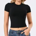 Women's slim fit black short sleeve yoga t-shirt for fitness and casual daily wear. - XS / Tops / Black