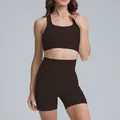 Professional dark espresso two-piece yoga set with sports bra and high-waisted athletic shorts - S / Top And Bottom / Bra + Shorts / Distilled Coffee