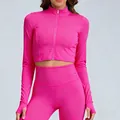 Pink high-waist breathable yoga pants and long-sleeve crop top athletic set - S / Tops / Outerwear / Roselle Red