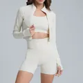 Cream white three-piece yoga set with cropped jacket and high-waisted shorts - S / Top And Bottom / Jacket + Bra + Shorts / Light Ivory