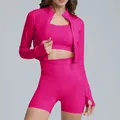 Women's 3-piece hot pink workout set including zip-up jacket sports bra and high waist shorts - S / Top And Bottom / Jacket + Bra + Shorts / Roselle Red