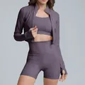 Three-piece purple yoga set with high waist shorts and zip-up sports jacket - S / Top And Bottom / Jacket + Bra + Shorts / Amethyst