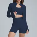 Navy blue three-piece yoga set featuring sports bra, active shorts, and zip-up jacket - S / Top And Bottom / Jacket + Bra + Shorts / Navy Blue