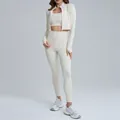 Cream white three-piece yoga set for women including high-waisted leggings and jacket - S / Top And Bottom / Jacket + Bra + Long Pants / Light Ivory