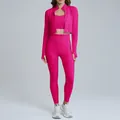 Breathable pink three-piece yoga set including crop jacket and high-waist leggings - S / Top And Bottom / Jacket + Bra + Long Pants / Roselle Red