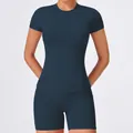 Professional women's navy blue quick-dry yoga set featuring short sleeve top and shorts - S / Tops / T-Shirts / Navy Blue