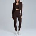 Dark brown three-piece yoga set with zip jacket, sports bra, and high-waisted leggings - S / Top And Bottom / Jacket + Bra + Long Pants / Distilled Coffee