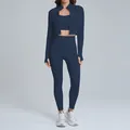 Navy blue three-piece yoga set with high-waisted leggings and zip-up cropped jacket - S / Top And Bottom / Jacket + Bra + Long Pants / Navy Blue