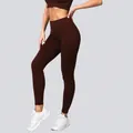 High-waisted seamless ribbed yoga leggings for women in deep coffee brown peach lift style - S / Bottoms / Dark Coffee