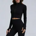 Slim fit black breathable yoga set with long sleeve zip crop top and high waist leggings - S / Tops / Outerwear / Black