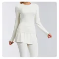 Professionele witte yoga-set met lange mouwen en ademende uitlopende broek met hoge taille - S / Boven- en Onderkant / Wit