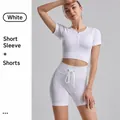 White ribbed drawstring yoga set with short sleeves and biker shorts for women - S / Top And Bottom / Short Sleeve + Shorts / White