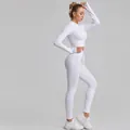 Two piece ribbed sports yoga set featuring long sleeve crop top and leggings in white color - S / Top And Bottom / Long Sleeve + Leggings / White